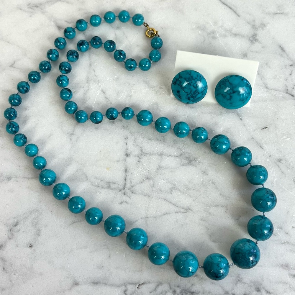 Vintage Blue Swirl Necklace and Pierced Earrings Set